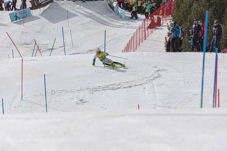 Grandvalira, Andorra : 2022 March 16 : Jett SEYMOUR USA competing in Mens Men's Slalom at EUROPA CUP...
