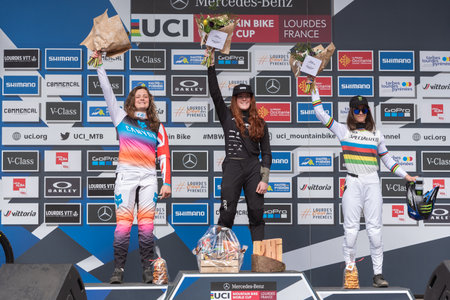 Lourdes, France : 2022 March 27 : HEMSTREET Gracey CAN competes during the UCI Mountain Bike Downhill World Cup 2022 race at the Lourdes, France.のeditorial素材