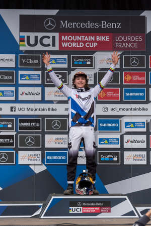 Lourdes, France : 2022 March 27 : GOLDSTONE Jackson CAN competes during the UCI Mountain Bike Downhill World Cup 2022 race at the Lourdes, France.のeditorial素材