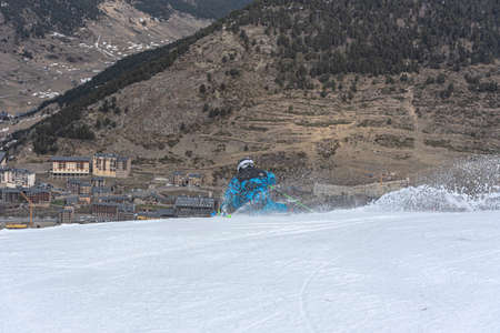 Grandvalira, Andorra : 2022 March 24 : Expert skier on the slopes of Grandvalira in Andorra in...