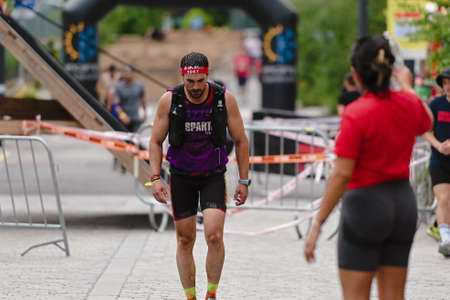 Encamp, Andorra : 2022 June 11 : Competitors participate in the 2020 Spartan Race obstacle racing challenge in Andorra, on June 11, 2022.のeditorial素材