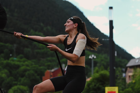 Encamp, Andorra : 2022 June 11 : Competitors participate in the 2020 Spartan Race obstacle racing challenge in Andorra, on June 11, 2022.のeditorial素材