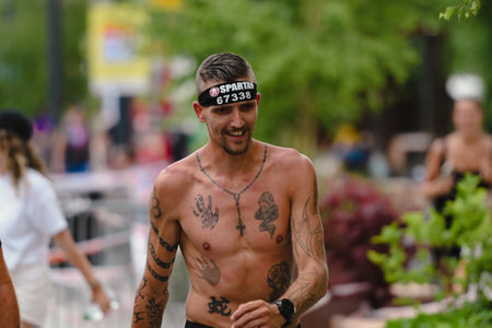 Encamp, Andorra : 2022 June 11 : Competitors participate in the 2020 Spartan Race obstacle racing challenge in Andorra, on June 11, 2022.のeditorial素材