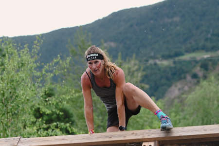 Encamp, Andorra : 2022 June 11 : Competitors participate in the 2020 Spartan Race obstacle racing challenge in Andorra, on June 11, 2022.のeditorial素材