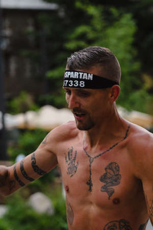 Encamp, Andorra : 2022 June 11 : Competitors participate in the 2020 Spartan Race obstacle racing challenge in Andorra, on June 11, 2022.のeditorial素材