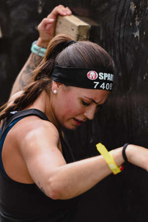Encamp, Andorra : 2022 June 11 : Competitors participate in the 2020 Spartan Race obstacle racing...