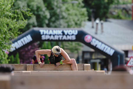 Encamp, Andorra : 2022 June 11 : Competitors participate in the 2020 Spartan Race obstacle racing challenge in Andorra, on June 11, 2022.のeditorial素材