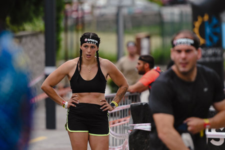 Encamp, Andorra : 2022 June 11 : Competitors participate in the 2020 Spartan Race obstacle racing challenge in Andorra, on June 11, 2022.のeditorial素材