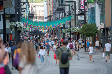 Andorra La Vella, Andorra : 2022 July 20 : People Walk in the Comercial Street named Meritxell. Andorra la Vella, Andorraのeditorial素材