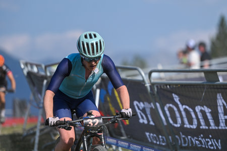 Vallnord, Andorra. July 17 2022 . UCI Mountain Bike World Cup 2022 - DAY 4, LAST Annie GBR in the CROSS-COUNTRY SHORT TRACK Women in the UCI World Cup Andorra 2022 Pal - Arinsal, Andorra.-のeditorial素材