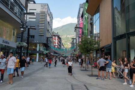 Andorra La Vella, Andorra : 2022 July 20 : People Walk in the Comercial Street named Meritxell. Andorra la Vella, Andorraのeditorial素材
