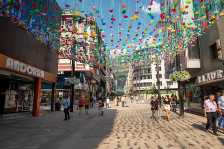 Andorra La Vella, Andorra : 2022 July 20 : People Walk in the Comercial Street named Meritxell. Andorra la Vella, Andorraのeditorial素材