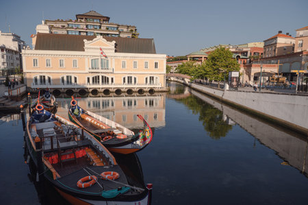 Aveiro, Portugal. 2022 May 12 . Traditional boats in the canal of Aveiro, Portugal. The colorful Moliceiro de Aveiro boat tours are popular with tourists to enjoy views of the charming canals. Aveiro, Portugal.のeditorial素材
