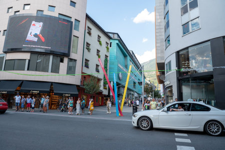 Andorra La Vella, Andorra : 2022 July 20 : People Walk in the Comercial Street named Meritxell. Andorra la Vella, Andorraのeditorial素材