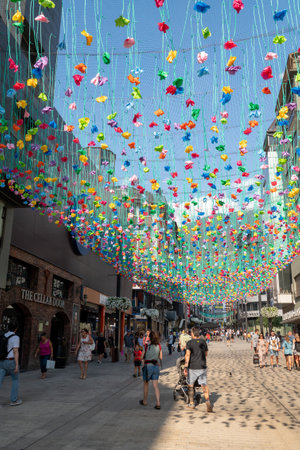 Andorra La Vella, Andorra : 2022 July 20 : People Walk in the Comercial Street named Meritxell. Andorra la Vella, Andorraのeditorial素材