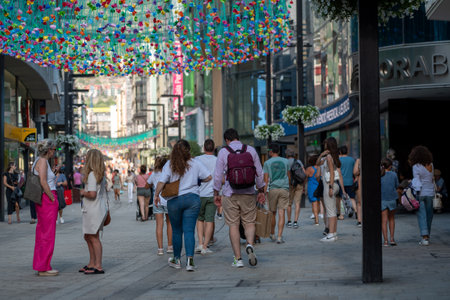 Andorra La Vella, Andorra : 2022 July 20 : People Walk in the Comercial Street named Meritxell. Andorra la Vella, Andorraのeditorial素材