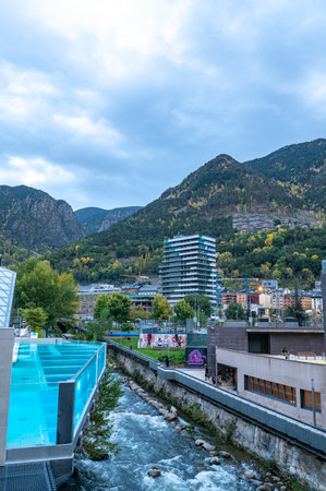 Escaldes - Engordany: 2022 October 26: Exterior panorama of the Caldea Thermal Center in Andorra and Caldea Sports Complex in autumn 2022.のeditorial素材