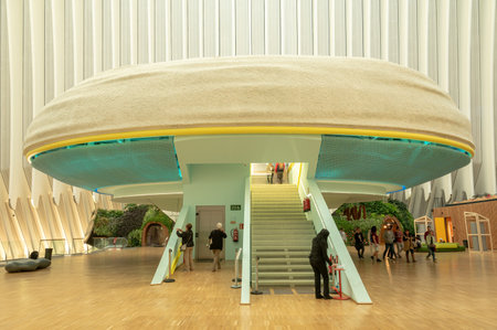 Valencia, Spain : 2022 December 9 : Panorama inside CaixaForum Valencia, Museum of Sciences and Arts...