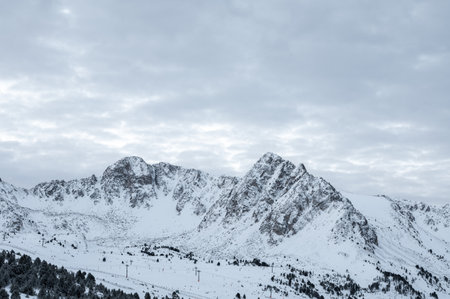 Snowy mountains in Grandvalira in Andorra in winter.