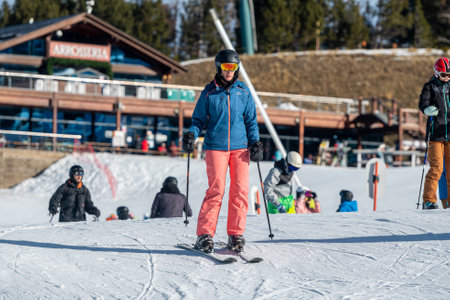 Grandvalira, Andorra: 2022 December 14: Skier on the slopes of Grandvalira in Andorra in winter 2022.のeditorial素材