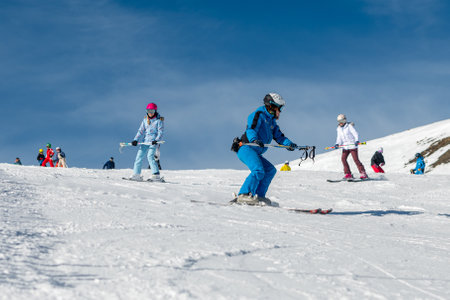 Grandvalira, Andorra: 2022 December 14: Skier on the slopes of Grandvalira in Andorra in winter...