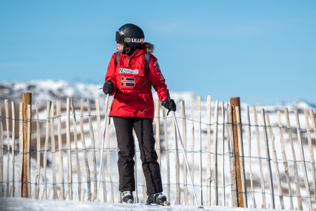 Grandvalira, Andorra : 2022 deember 29 : Skier on the slopes of Grandvalira in Andorra in winter 2022.のeditorial素材