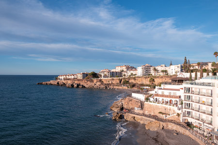 Nerja, Spain : 2022 November 22 : Panorama from Balcon de Europa in the city of Nerja in Malaga, Spain in 2022.のeditorial素材