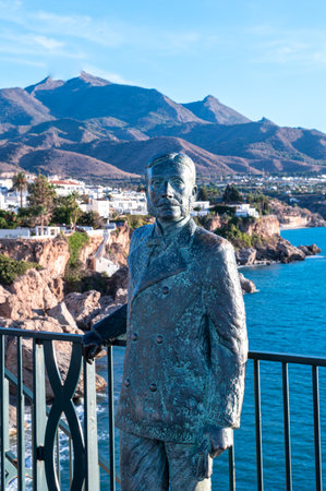 Nerja, Spain : 2022 November 22 : The bronze statue of King Alfonso XII, on the Balcon de Europa in the city of Nerja in Malaga, Spain in 2022.のeditorial素材