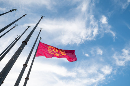 Flag of Cartagena, Murcia in the tourist city of Cartagena with moored boats in the autumn of 2022.の写真素材