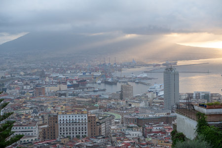 Panorama of the sea port of the city of Napoli in the morning with Vesuvius in the background.の写真素材