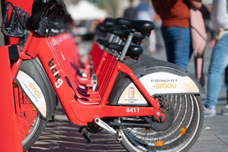 Barcelona, Spain: November 19, 2023: Public Bicycle Service in Barcelona on the beach of La...