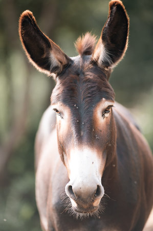 Portrait of a donkey in the field, equine farm animal