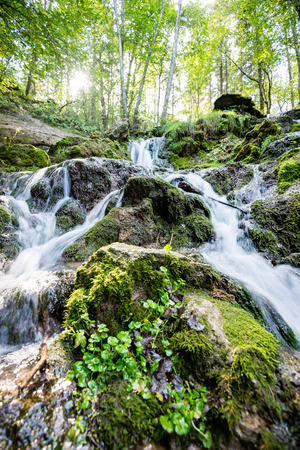 rocky waterfall in summer with stream and low water in forestの写真素材