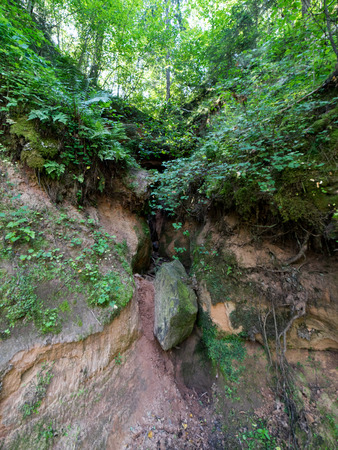 sandstone cliffs on the river shore in the Gaujas National Park, Latviaの写真素材