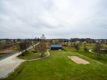aerial autumn view of urban area in latvia, drone photographyの写真素材