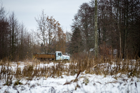 old truck in forest in autumnの写真素材