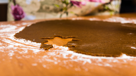 Making Gingerbread Cookies Series. Preparing and cutting dough sheet into shapes.の写真素材