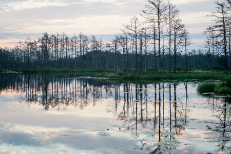 reflections in the lake water at sunrise with clouds and dramatic colors