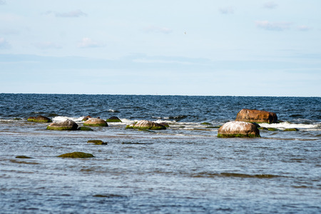 comfortable beach of the baltic sea with rocks and green vegetation in summerの写真素材