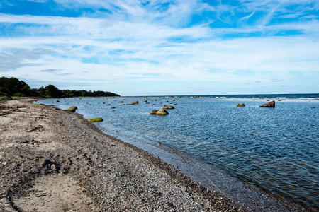 comfortable beach of the baltic sea with rocks and green vegetation in summerの写真素材