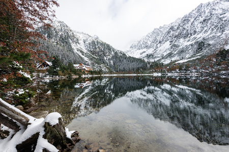 Reflections in the calm lake water with dramatic clouds with snow and mountainsの写真素材