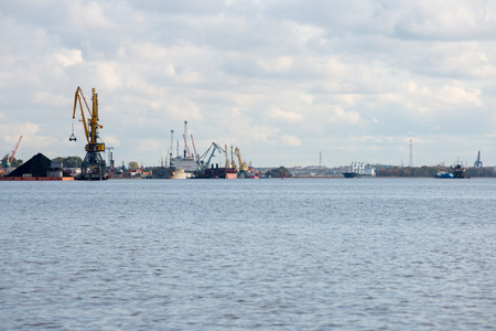 cargo dock and cargo ships in seaport in Riga. latviaのeditorial素材