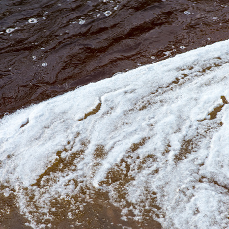 abstract frozen ice textures in the forest country river in winterの写真素材