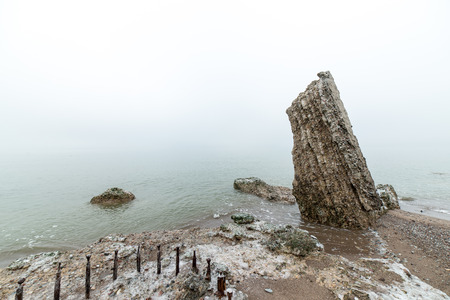 old war fort ruins on the beach in winter. Liepaja, Latviaの写真素材