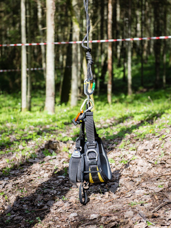 tree climbing equipment in forest with slacklines and mountingsの写真素材
