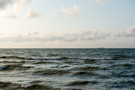 Breakwater of one row of wooden poles at the Sea coast.の写真素材