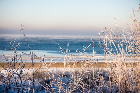 frozen beach view by the baltic sea with sand and ice in waterの写真素材