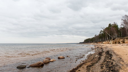 Rocky autumn beach with waves crashing on the rocks in misty weatherの写真素材