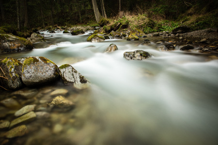 mountain river, long exposure, with rocks and treesの写真素材