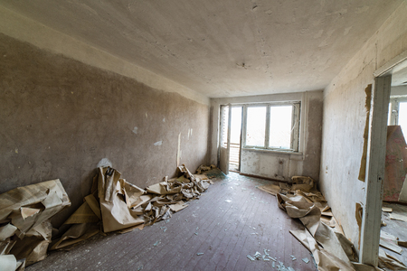 Abandoned interior in ruins of military settlement. City of Skrunda in Latviaの写真素材